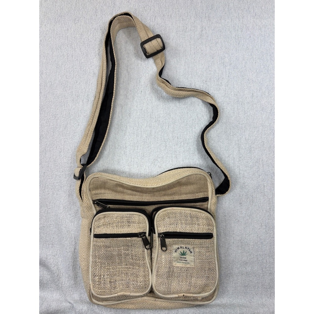 Himalayan Hemp Crossbody Messenger Bag Tan Cream Woven Boho Nepal Travel Pouch